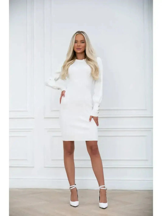 Ivory Curve: Elegant white mini dress with long voluminous sleeves, perfect for weddings or formal occasions.