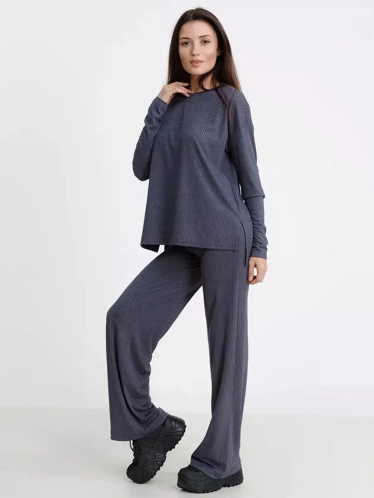 Slate Lounge Set featuring oversized long-sleeve top and wide-leg pants in soft ribbed knit for ultimate comfort.