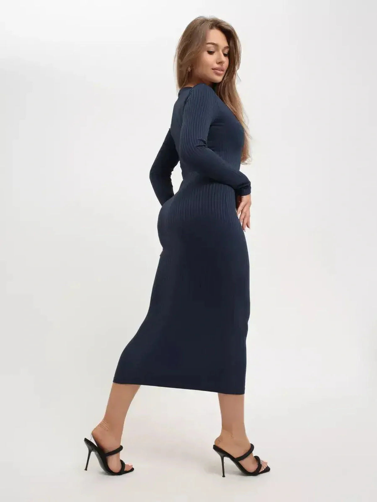 Dark navy ribbed Contour Midi Dress showcasing a sculpted fit, perfect for elegant occasions and modern moments.