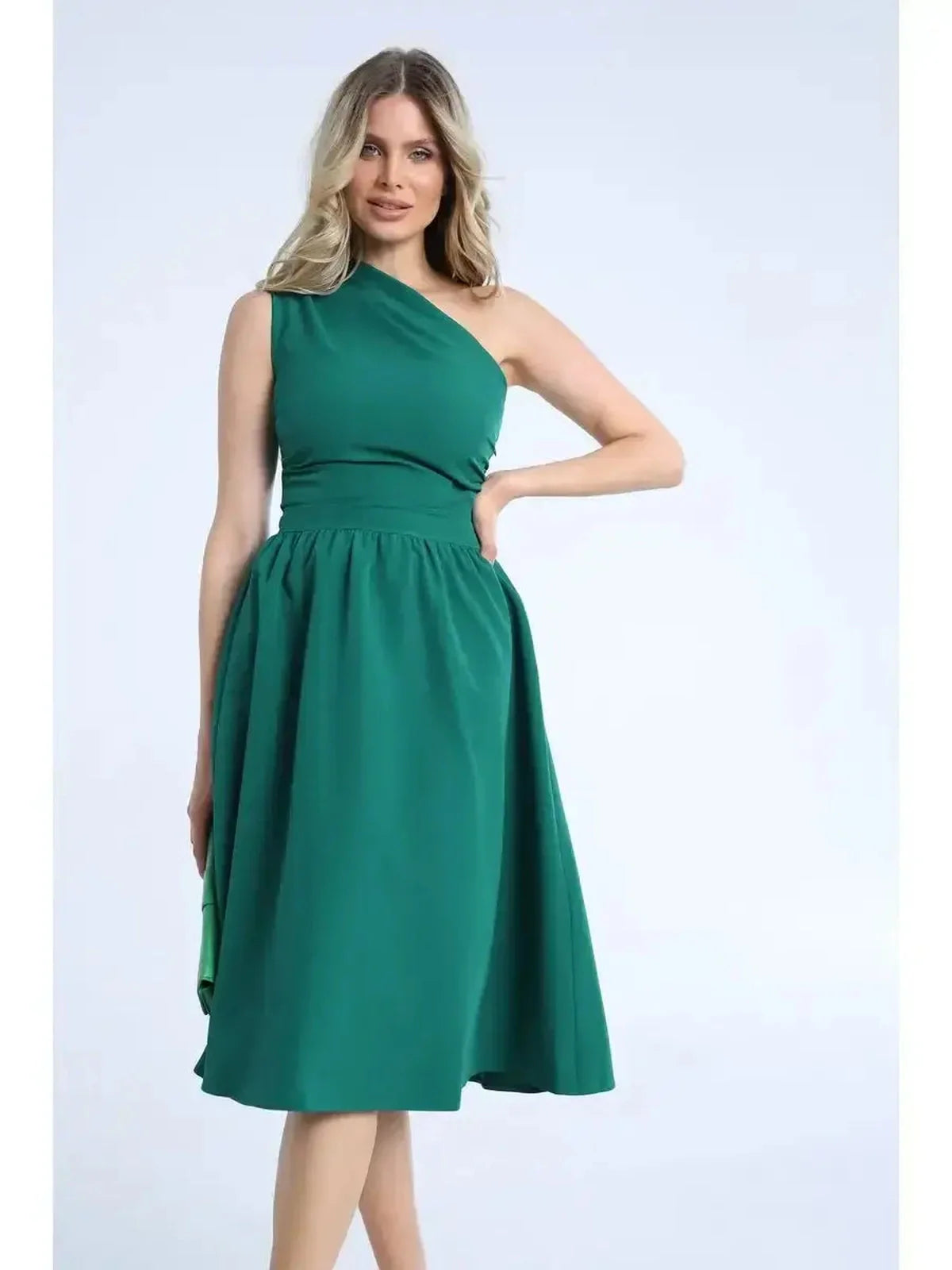 Emerald Grace Midi Dress featuring a chic one-shoulder design, perfect for weddings and special occasions.