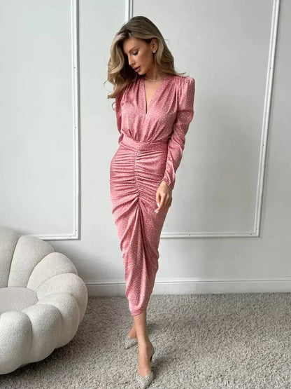 Grace Drape Midi Dress in pink polka dots featuring ruched detailing and a flattering V-neckline, perfect for weddings or elegant events.