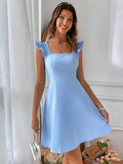 Light blue mini dress with ruffle straps, perfect for summer, weddings, and special occasions.