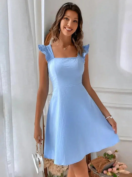 Light blue mini dress with ruffle straps, perfect for summer, weddings, and special occasions.