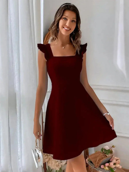 Elegant Velvet Rosé mini dress in rich red with structured bodice, flutter sleeves, and flared hem for women.
