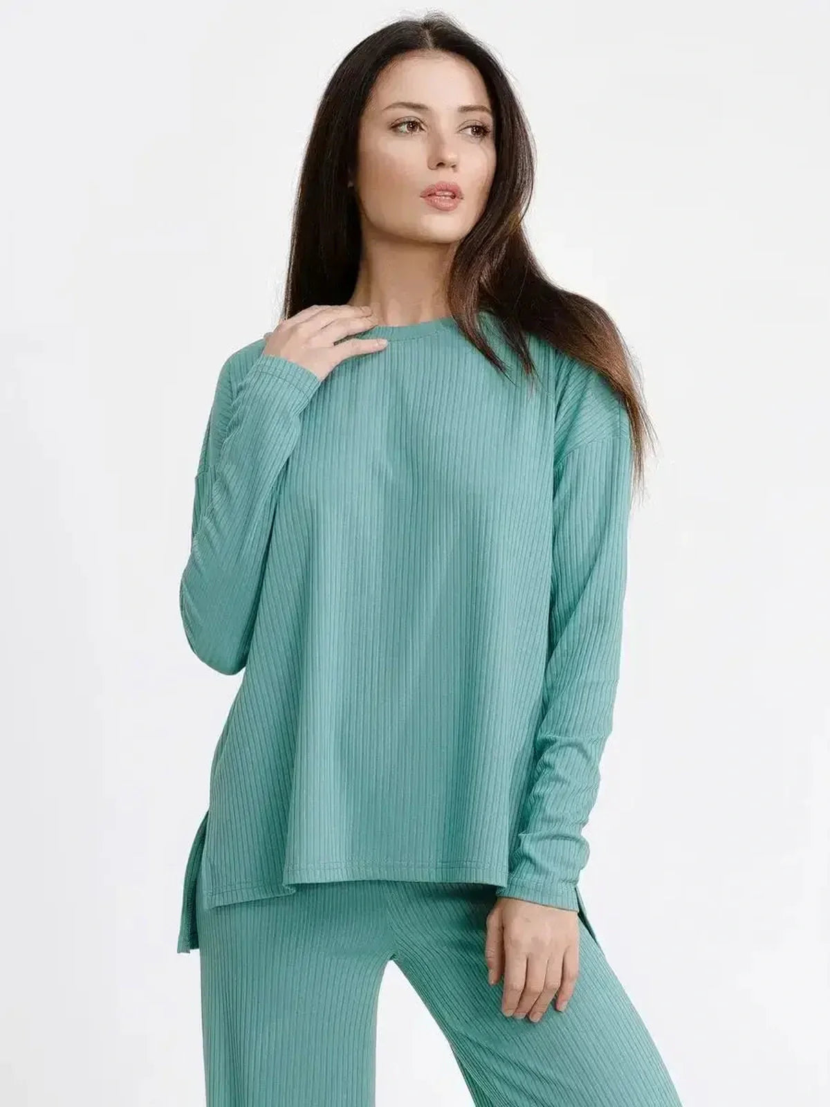 Mint lounge set in soft ribbed fabric with relaxed fit, perfect for casual home wear and stylish comfort.