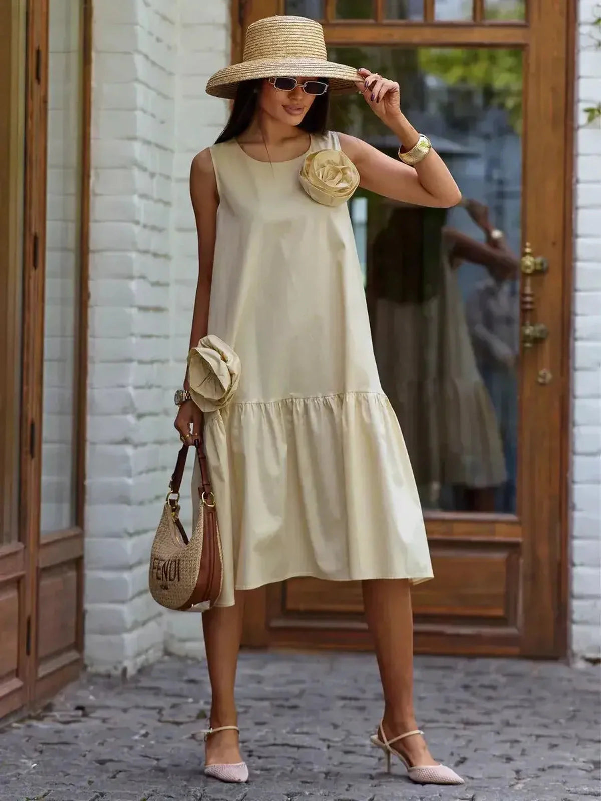 Elegant midi dress in soft champagne with floral appliqué, perfect for summer wedding guest, brunch, or casual outings.
