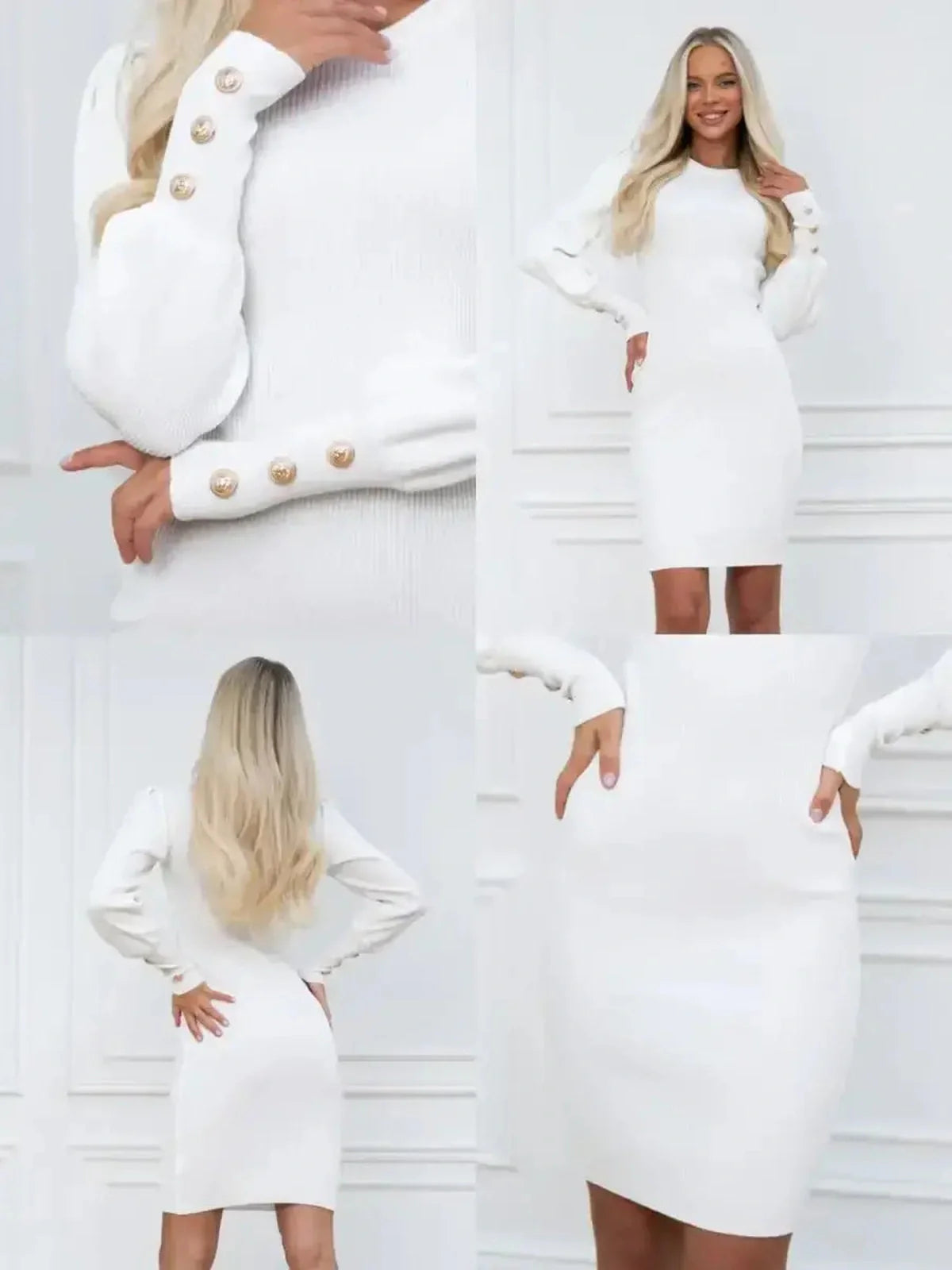 Ivory Curve white dress featuring voluminous sleeves, structured cuffs, and a fitted silhouette, perfect for special occasions.