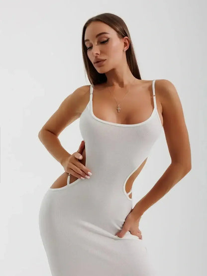 Sleek white midi dress with alluring side cutouts, perfect for weddings, proms, and summer events.