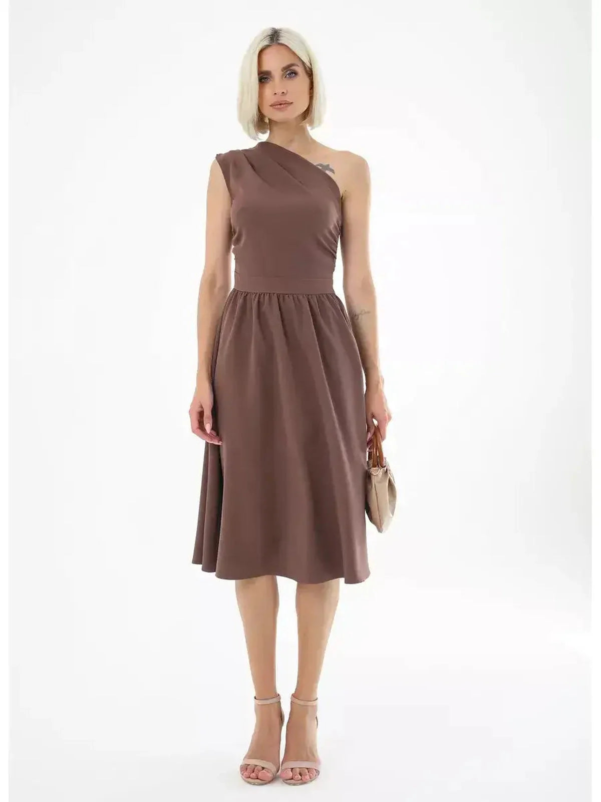 Solace Midi Dress in chocolate brown, featuring a one-shoulder neckline and flattering midi skirt perfect for weddings or summer parties.