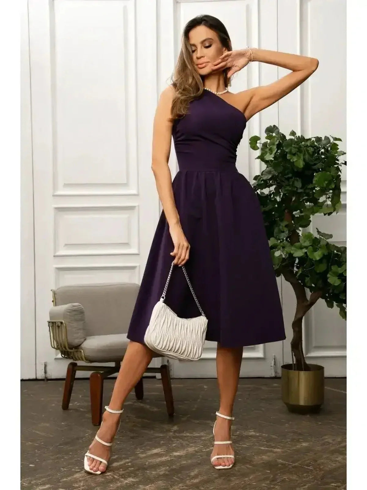 One-shoulder purple midi dress, perfect for weddings, prom, or formal occasions, showcasing elegance and sophistication.