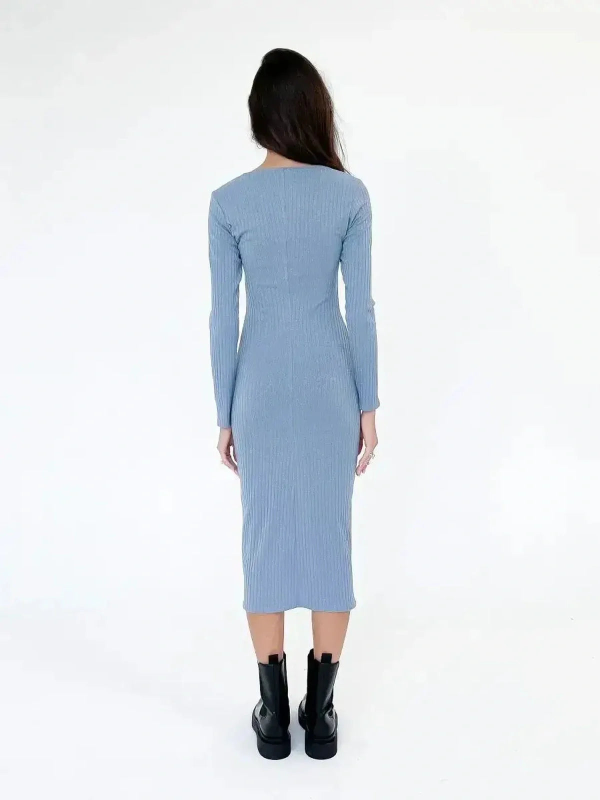 Back view of the Slate Allure Midi Dress showcasing ribbed texture and elegant silhouette, perfect for day-to-night wear.