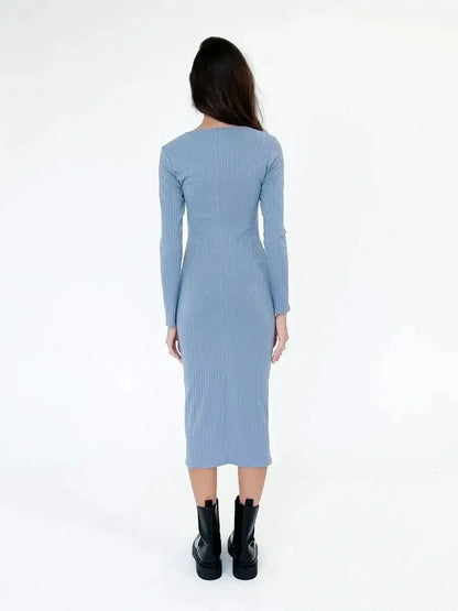 Back view of the Slate Allure Midi Dress showcasing ribbed texture and elegant silhouette, perfect for day-to-night wear.