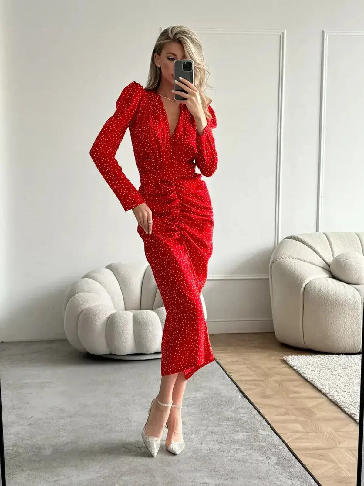 Starlight Midi Dress in radiant red satin with polka dots, perfect for weddings, proms, or special occasions.