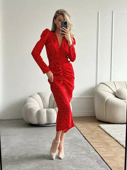 Starlight Midi Dress in radiant red satin with polka dots, perfect for weddings, proms, or special occasions.