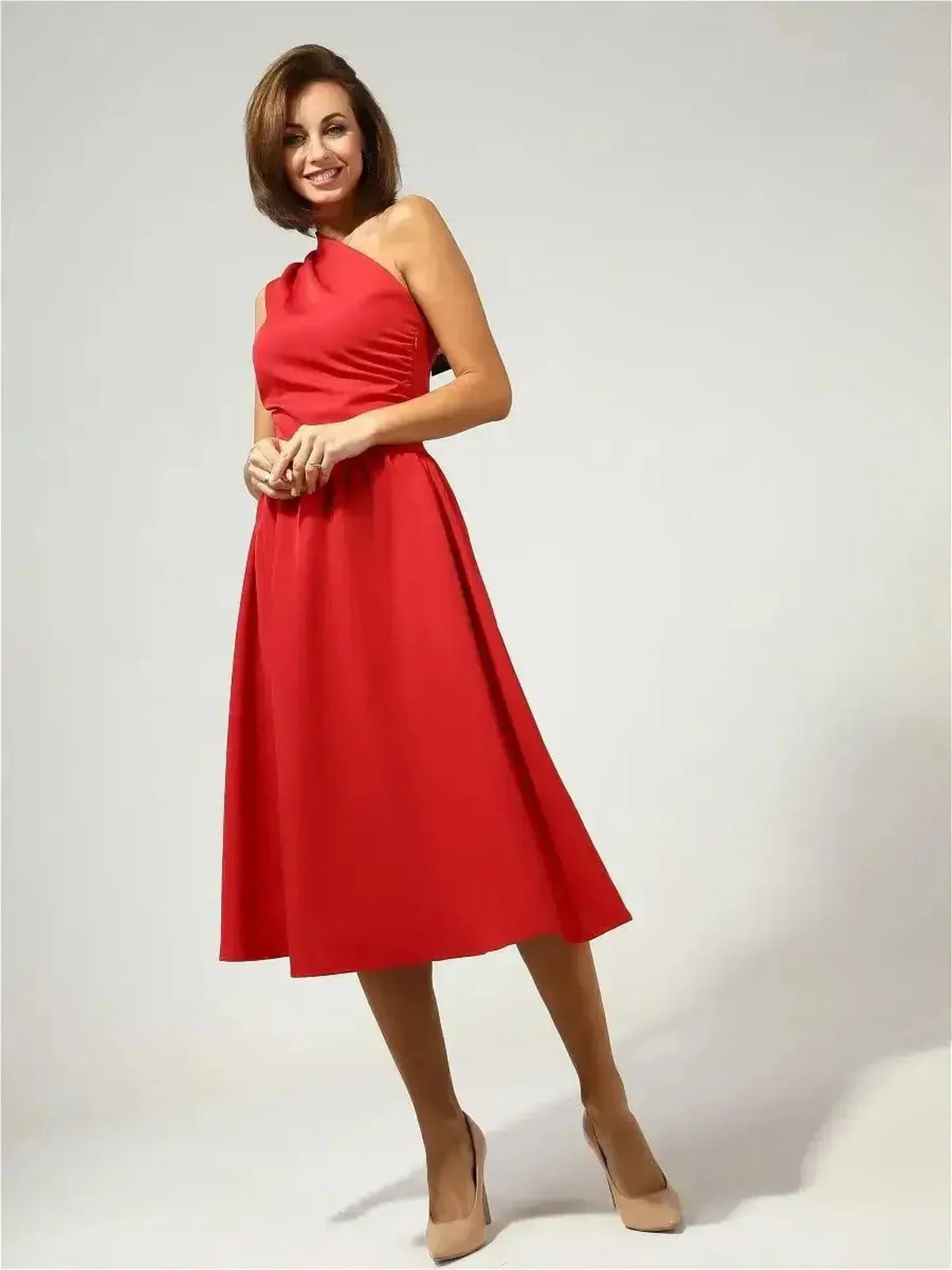 Red one-shoulder midi dress with flared skirt, perfect for weddings, proms, or formal occasions.