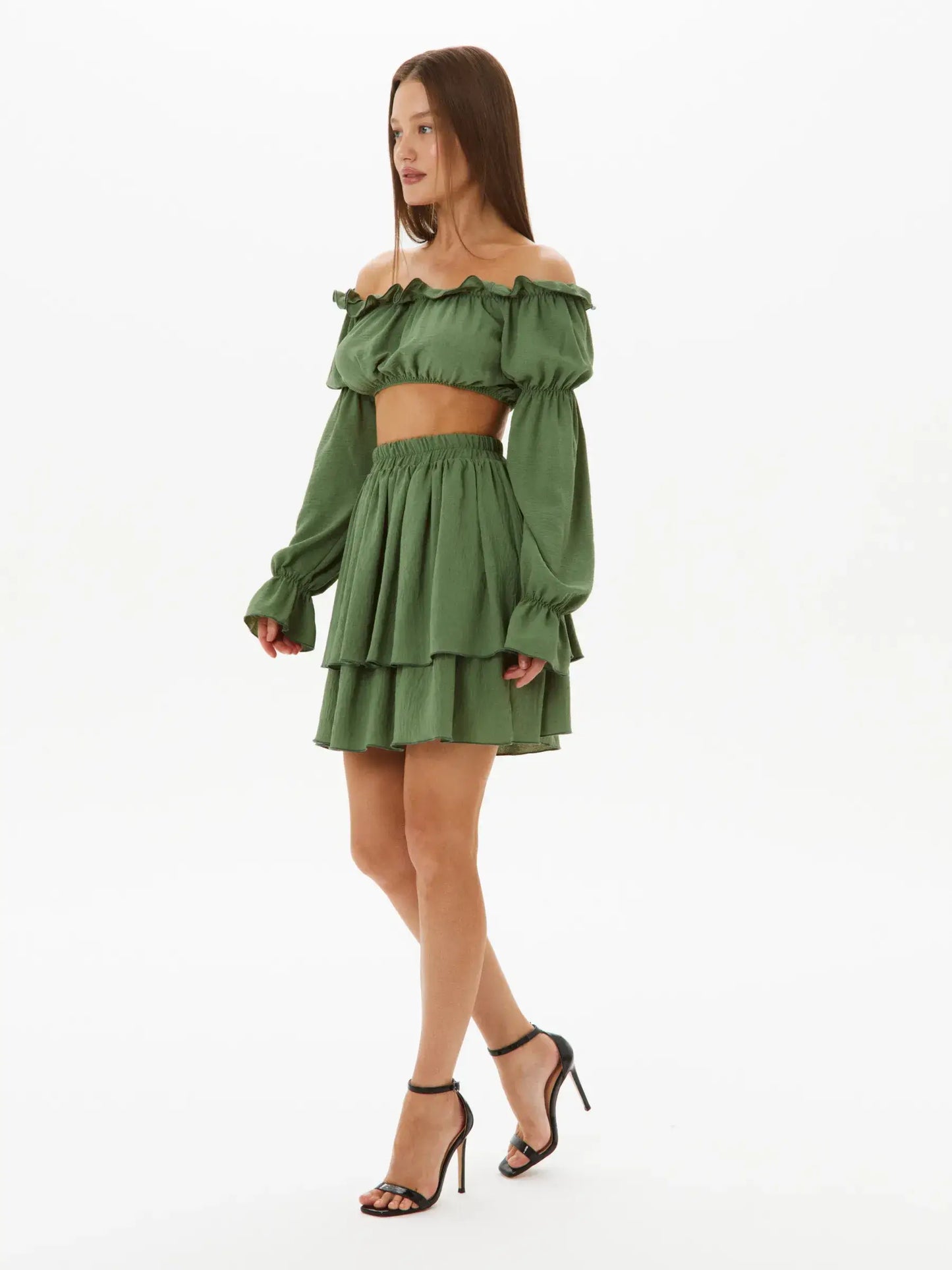 Elegant Tiered Ruffle Set featuring an off-shoulder crop top and a flowy mini skirt, perfect for summer dresses.
