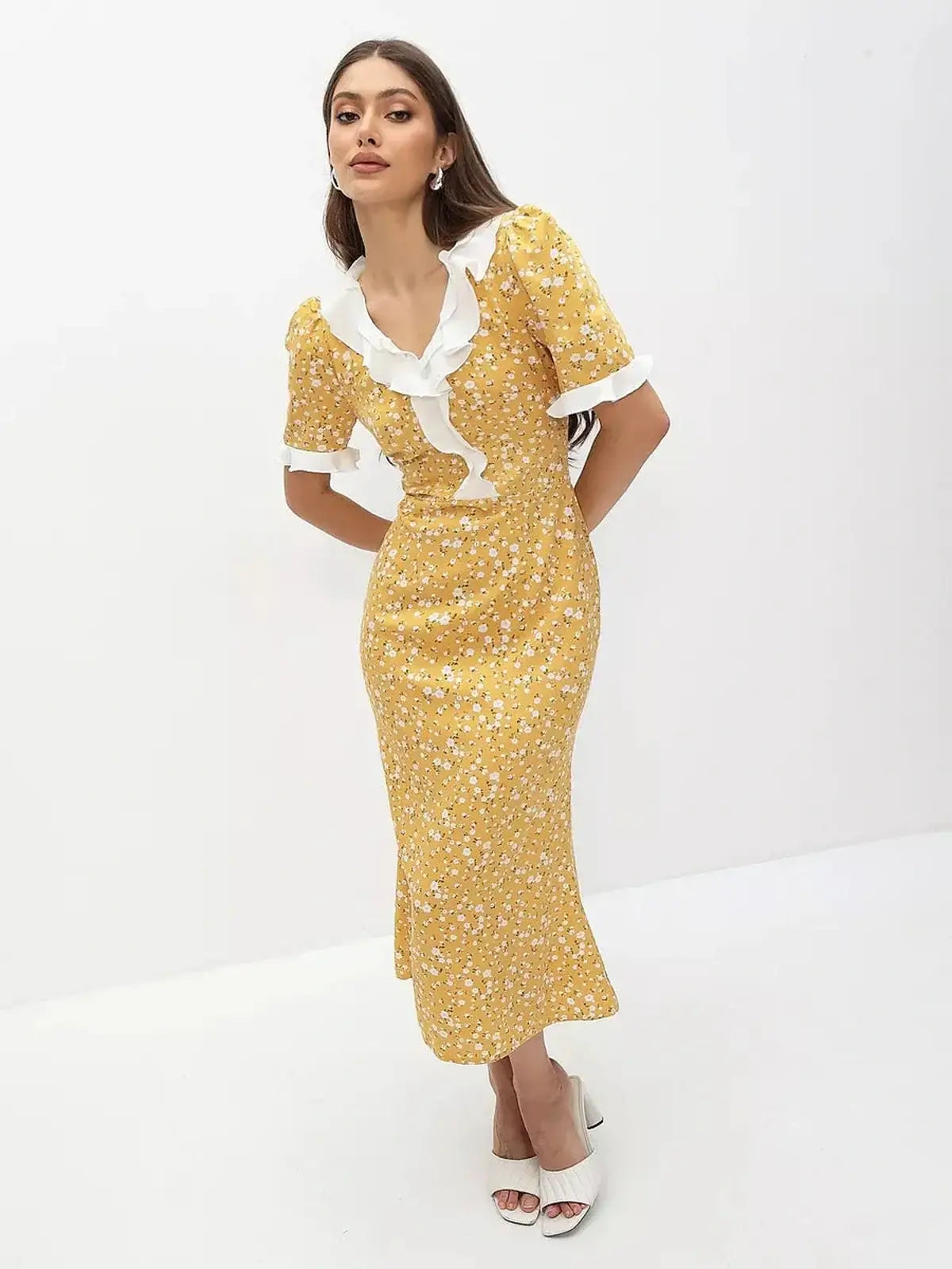 Golden Muse Midi Dress in yellow floral pattern with white collar, ideal for summer events, weddings, and parties.