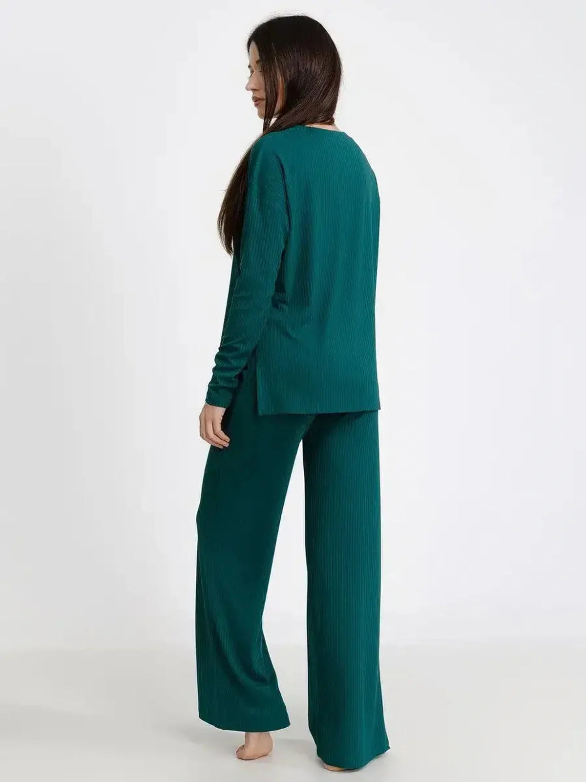 Back view of LoungeEase Set in dark green, featuring relaxed fit top and wide-leg pants, perfect for stylish lounging.