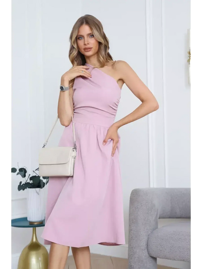 Model wearing a Blush Grace Midi Dress with a one-shoulder design, perfect for weddings and formal occasions.