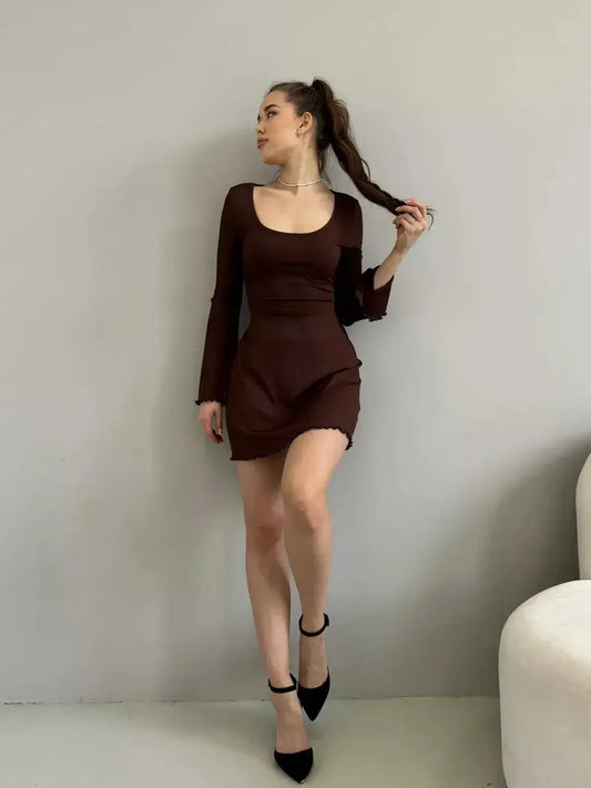 Mocha Muse mini dress with long bell sleeves, scoop neckline, ideal for weddings and summer outings.