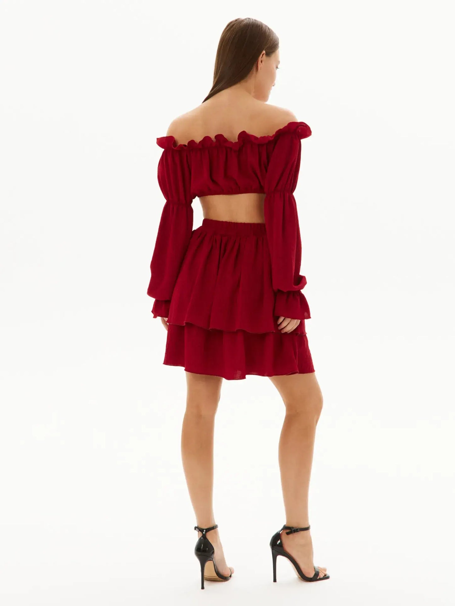 Ruffle Summer Set in red, featuring off-shoulder top and tiered mini skirt, perfect for summer parties and casual outings.
