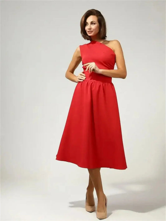 Model wearing the Scarlet Sway Midi Dress, a red one-shoulder dress with a flared skirt, ideal for weddings and formal occasions.