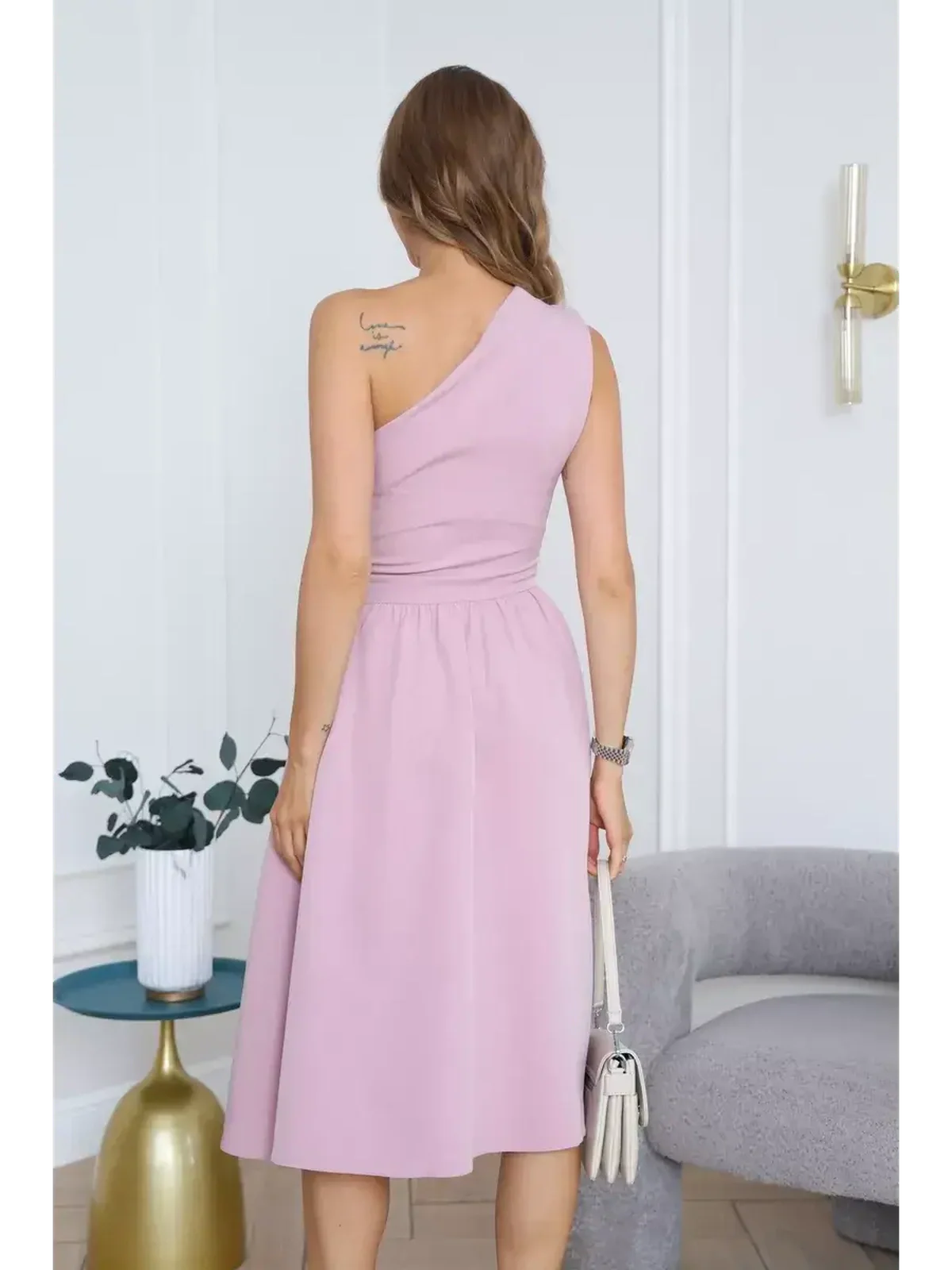 Elegant one-shoulder blush midi dress with A-line skirt, perfect for weddings, proms, and summer events.