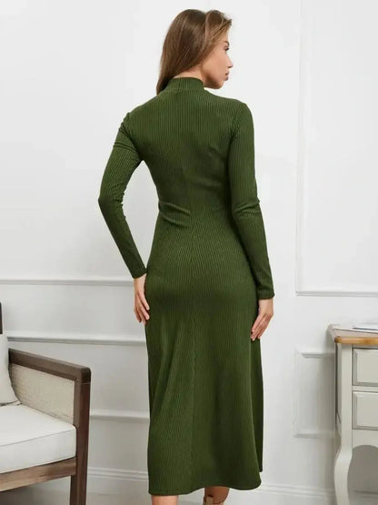 Back view of the Verde Muse Midi Dress featuring a sleek ribbed knit design and elegant silhouette.
