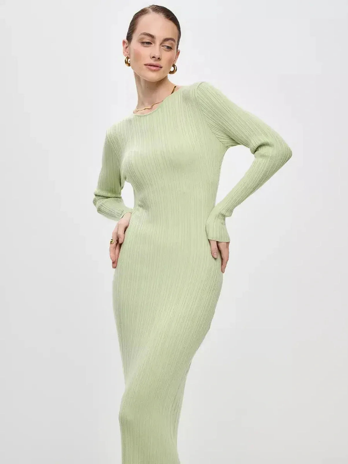 Celery Luxe Maxi Dress in light green ribbed knit with long sleeves, perfect for summer, weddings, and special occasions.