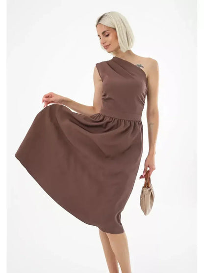 Elegant chocolate brown one-shoulder midi dress, perfect for weddings and summer parties.