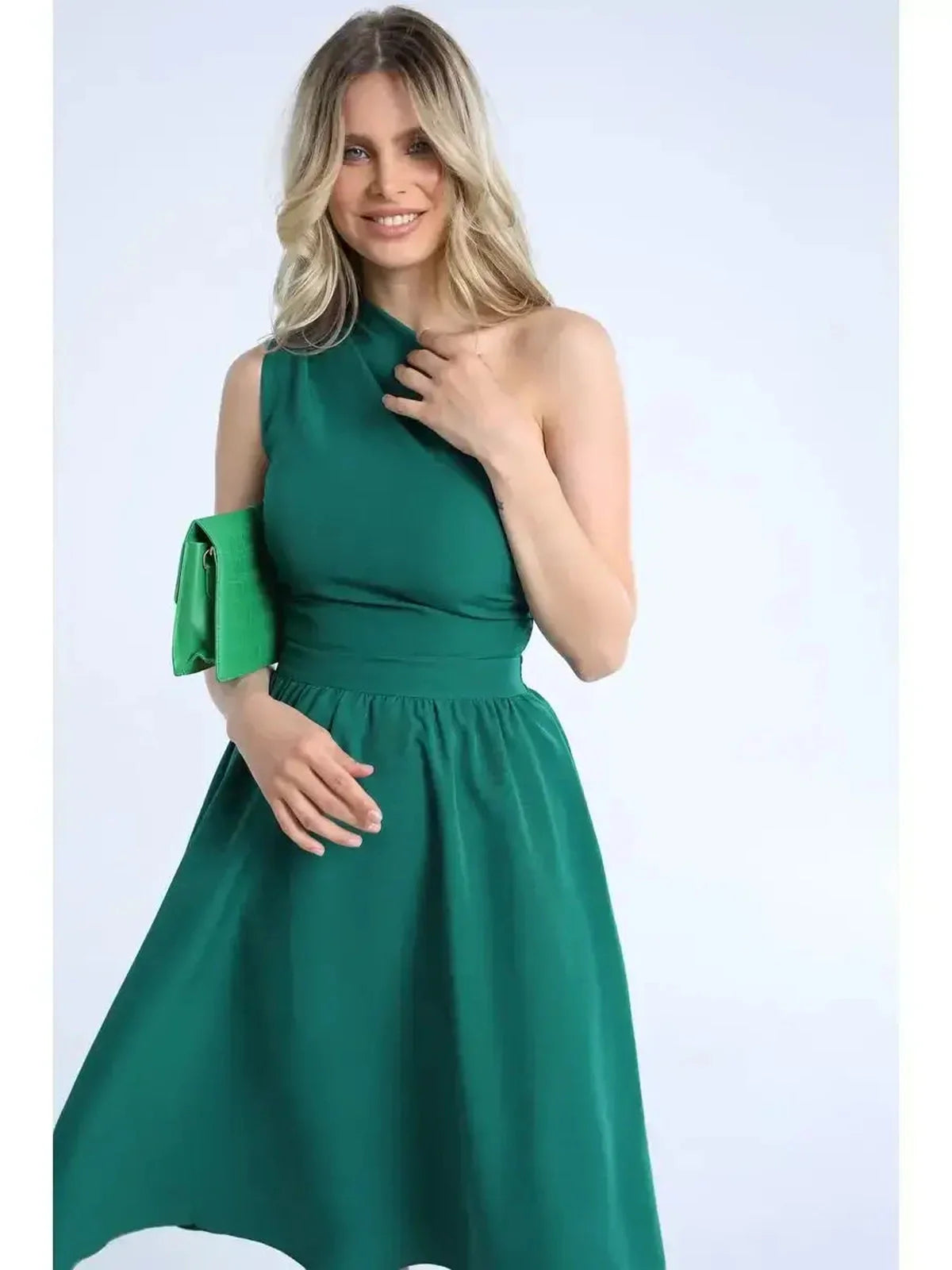 Emerald Grace Midi Dress featuring a one-shoulder design, perfect for weddings, parties, or special occasions.