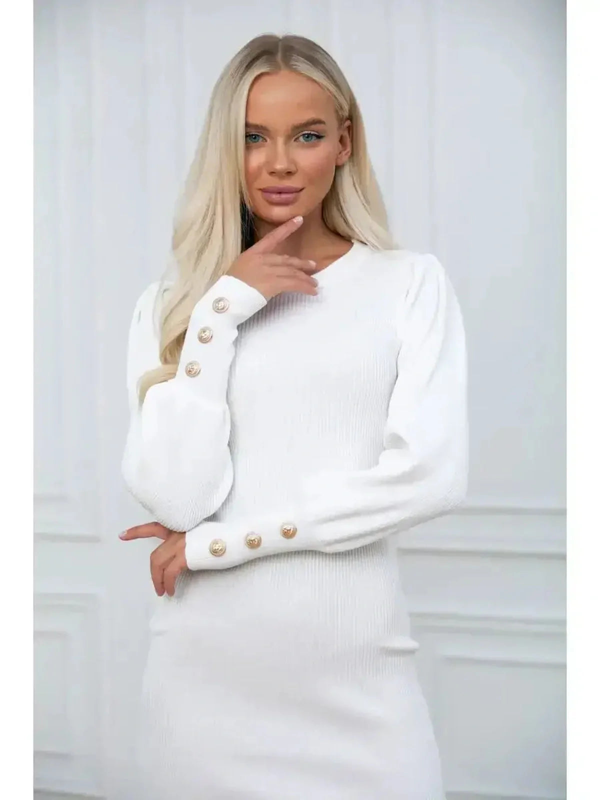 Ivory Curve white long sleeve mini dress featuring voluminous sleeves and button details, perfect for weddings and formal events.