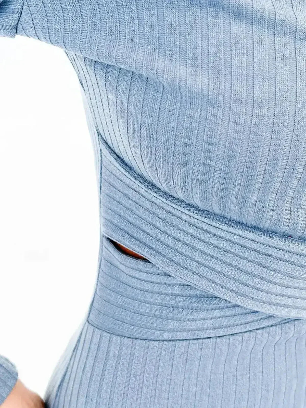 Close-up of Slate Allure Midi Dress showcasing ribbed texture and cutout feature, ideal for wedding guest or cocktail attire.