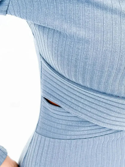 Close-up of Slate Allure Midi Dress showcasing ribbed texture and cutout feature, ideal for wedding guest or cocktail attire.