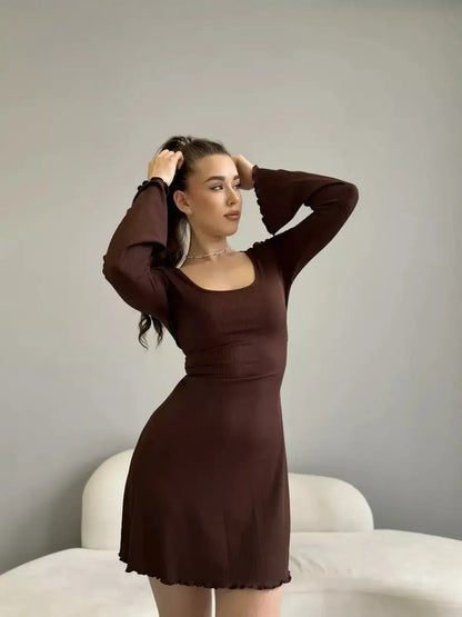 Mocha Muse mini dress in rich brown, featuring a scoop neckline and bell sleeves, perfect for stylish occasions.