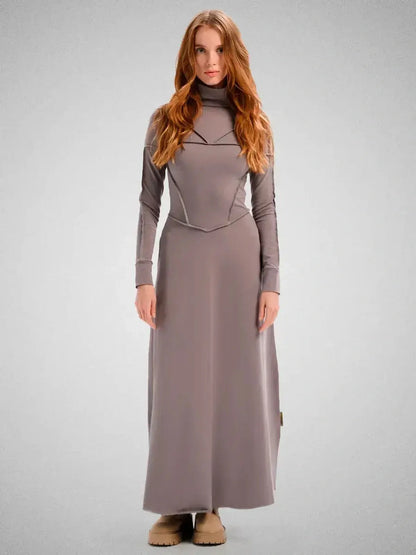 Maxi Dress Contour Grace in gray featuring a high funnel neck and sculptural fit, perfect for formal occasions and summer events.