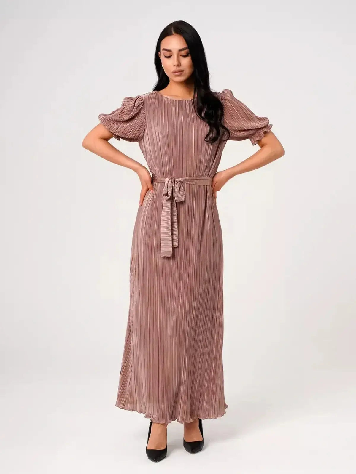 Celeste Maxi Dress in light cappuccino with pleats and puff sleeves, ideal for summer weddings and formal events.