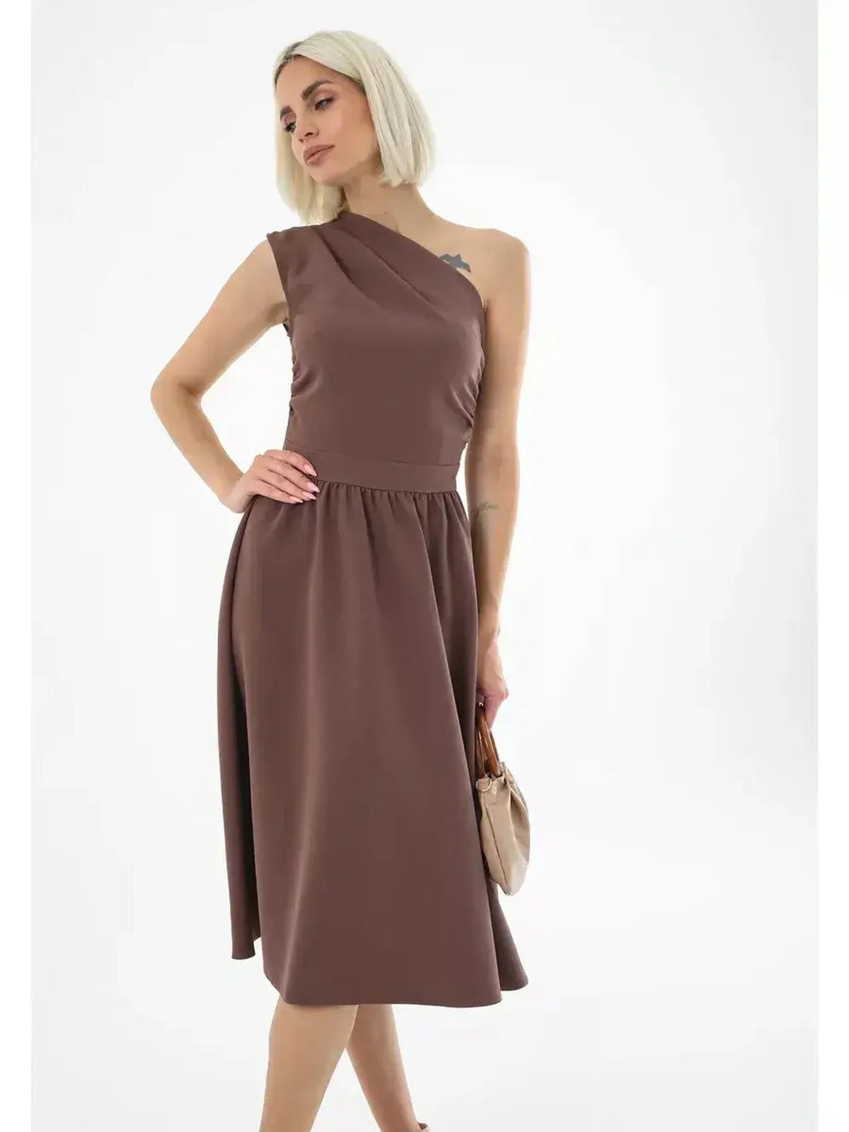 Asymmetric chocolate brown Solace Midi Dress featuring a one-shoulder design, ideal for weddings and summer parties.