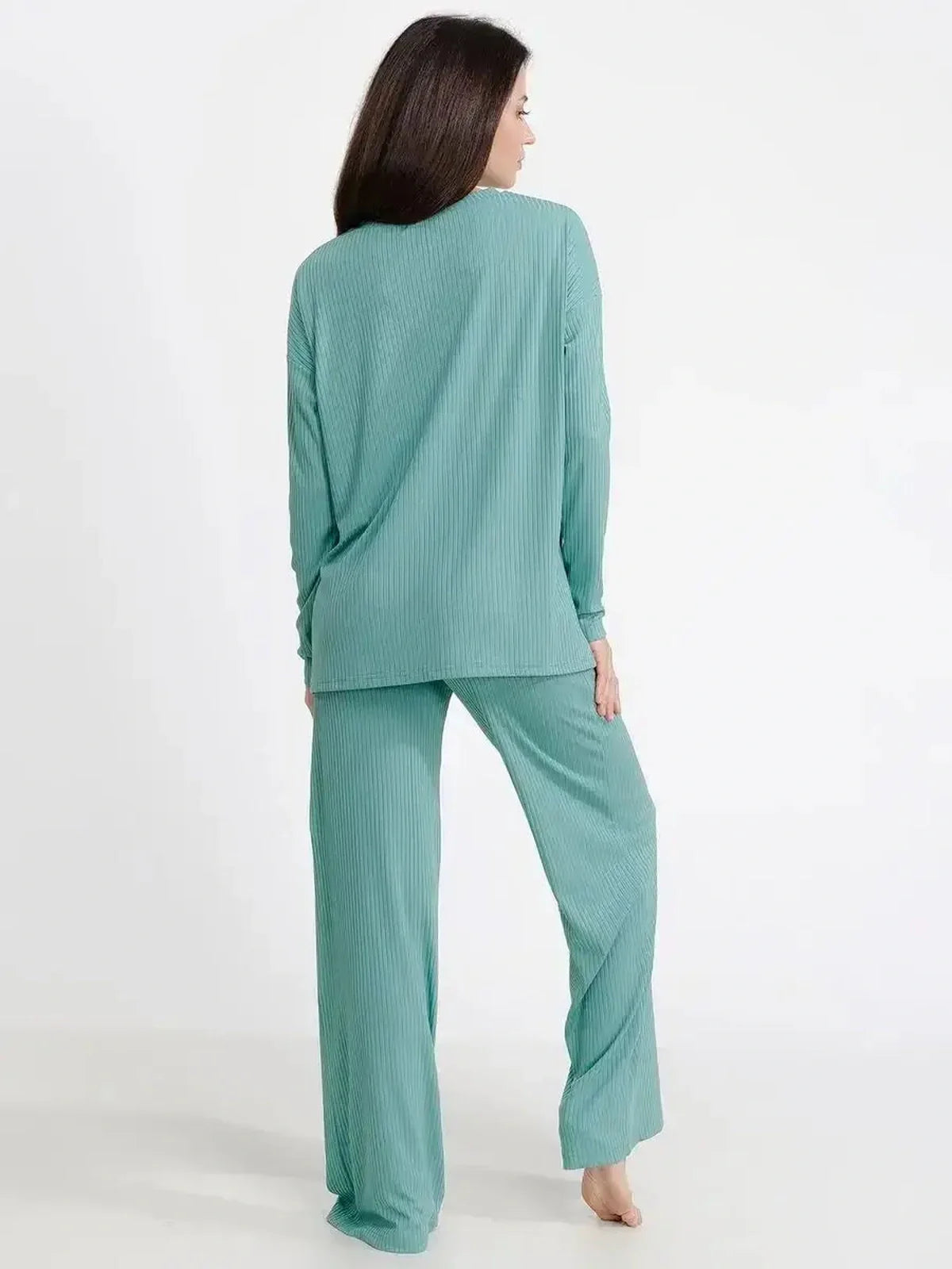 Mint lounge set featuring a soft ribbed oversized sweatshirt and wide-leg pants in a calming mint color.