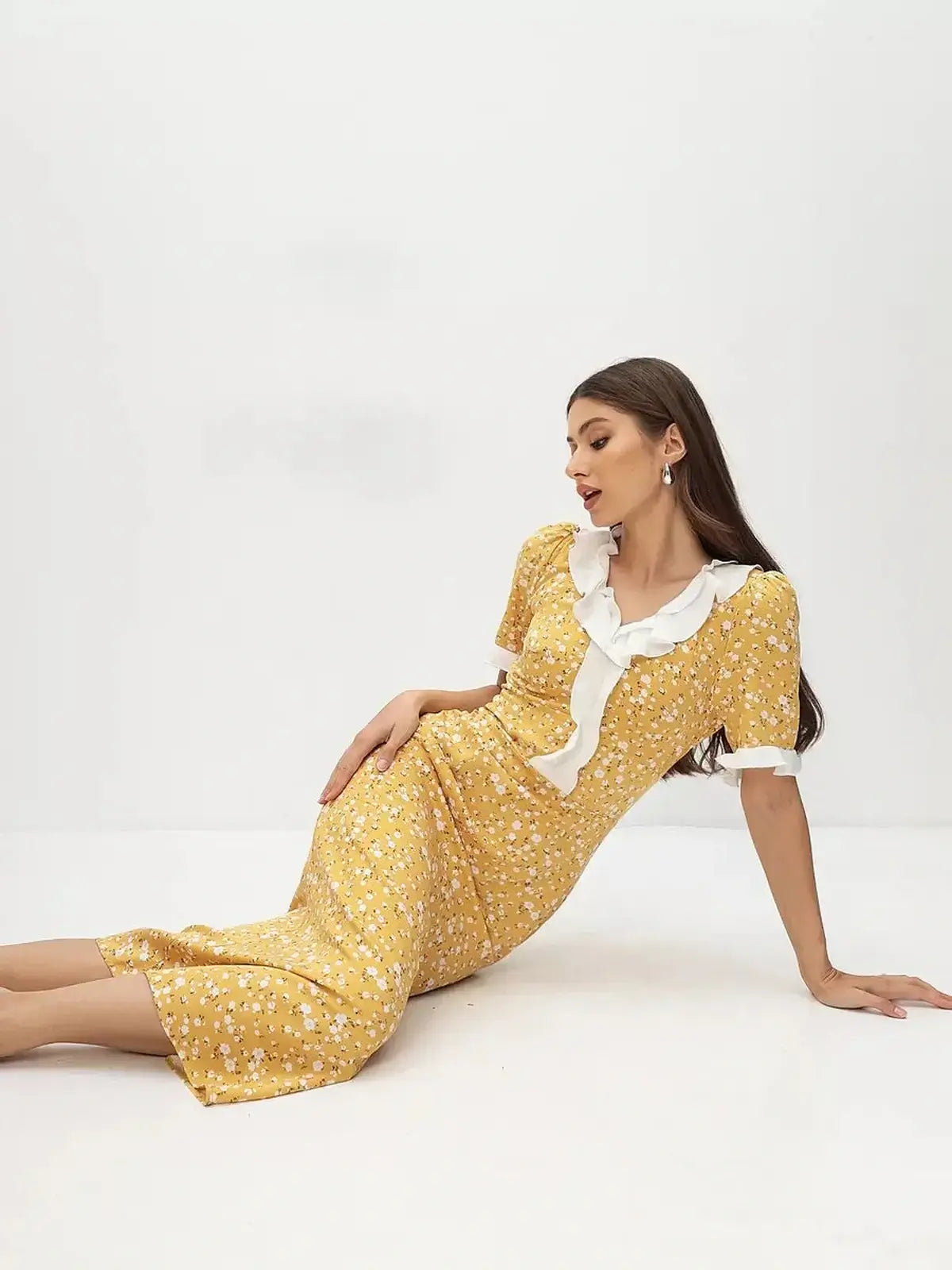 Golden Muse Midi Dress in sunny yellow floral with white collar, perfect for summer events and women's formal occasions.