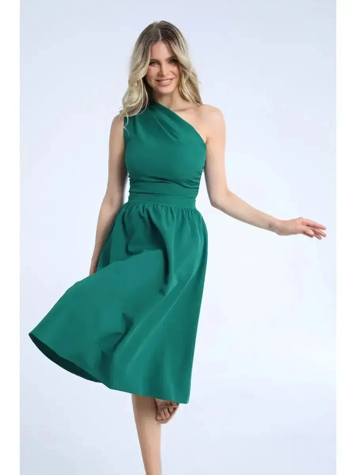 Emerald Grace Midi Dress with one-shoulder design, perfect for weddings, cocktail events, and summer occasions.