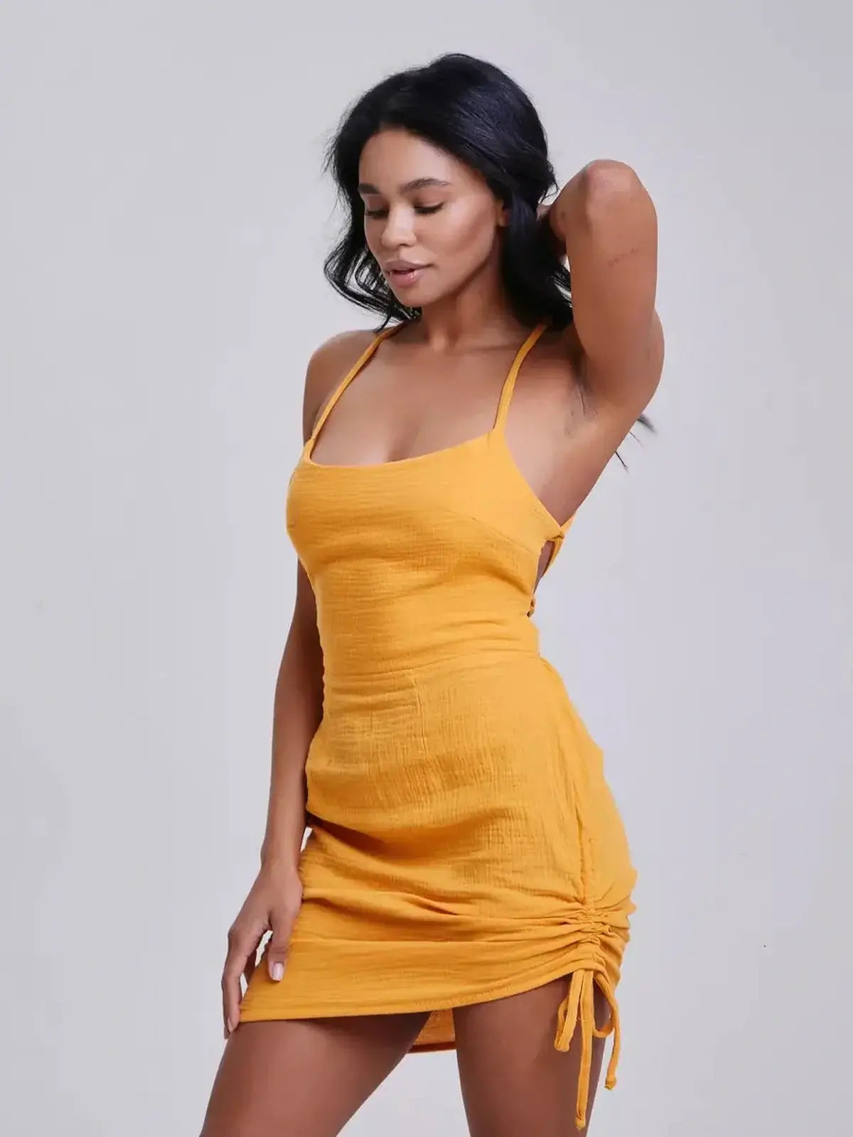 Citrus Rush mini dress in sunny yellow, perfect for summer, weddings, and casual outings.
