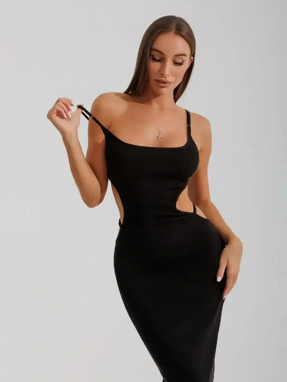 Black Midi Dress with Cutouts and Spaghetti Straps for Women, Perfect for Weddings and Formal Events.