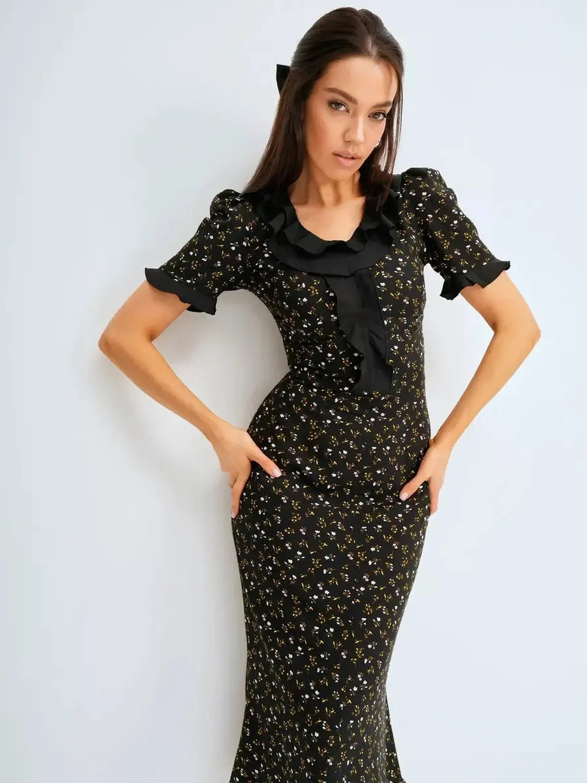 Elegant Midi Dress Nocturne Bloom with floral prints and ruffle details, perfect for weddings, prom, and summer occasions.