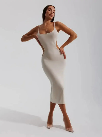 Sculpted elegance Midi Dress Seraphine in beige with side cutouts, perfect for weddings, proms, or summer events.