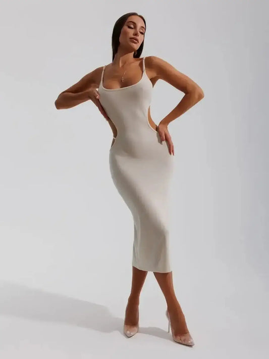 Sculpted elegance Midi Dress Seraphine in beige with side cutouts, perfect for weddings, proms, or summer events.
