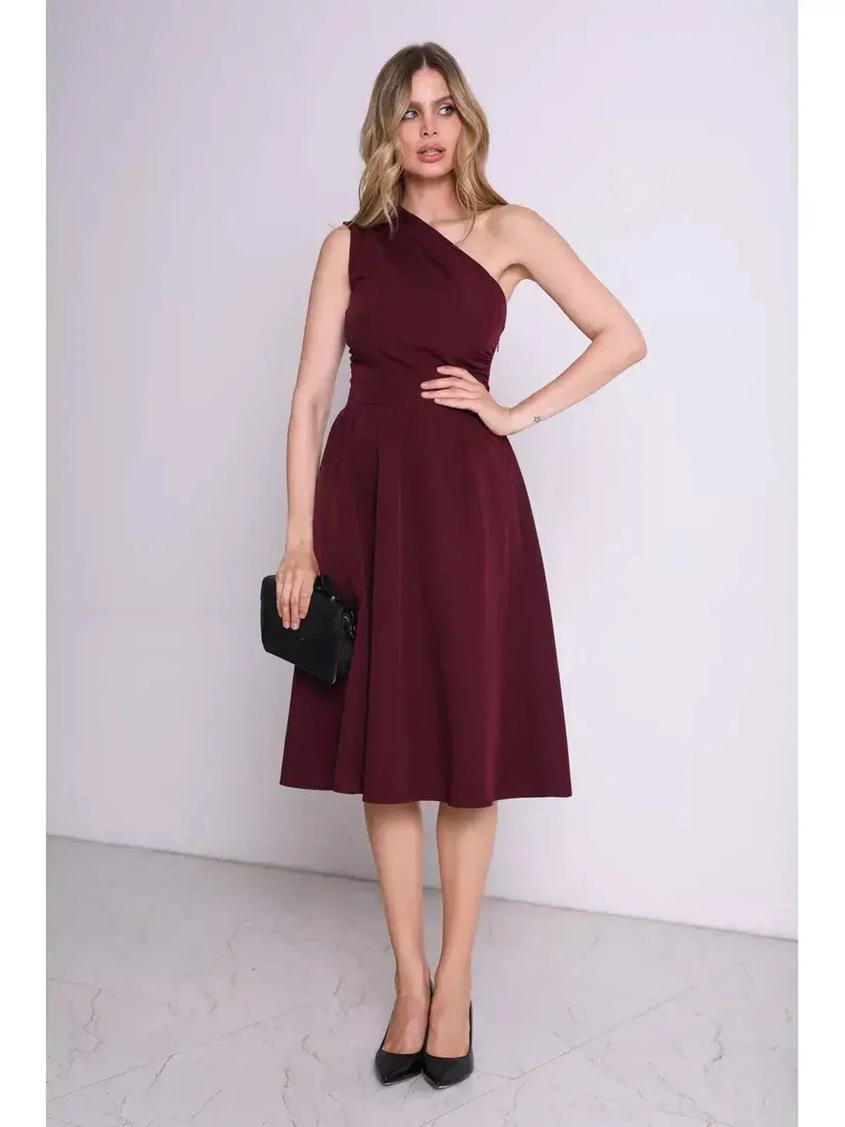 Opéra Midi Dress in rich wine hue, featuring a one-shoulder silhouette and flared skirt, perfect for formal occasions.