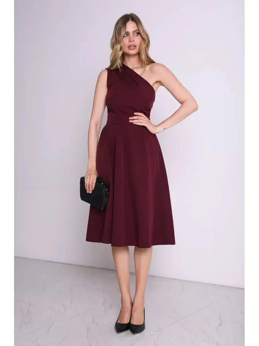 Opéra Midi Dress in rich wine hue, featuring a one-shoulder silhouette and flared skirt, perfect for formal occasions.