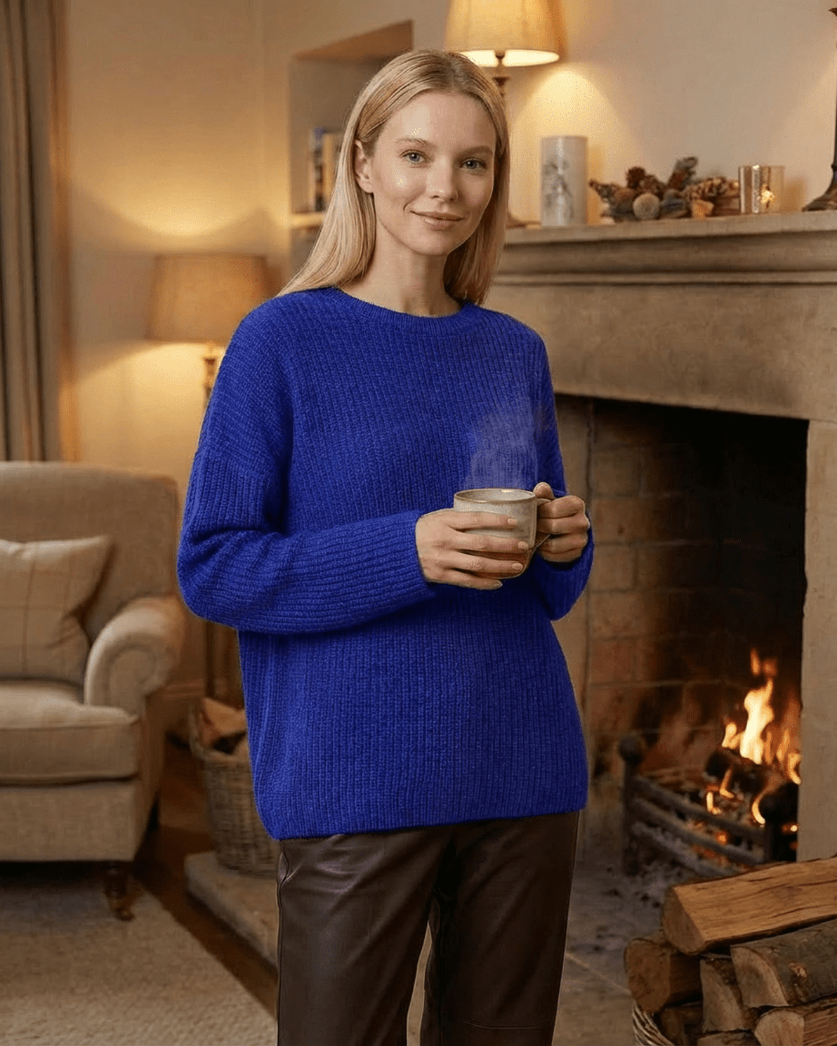 Indira Sweater by Slimona, loose fit thick ribbed knitwear in blue, featuring a round neck and cozy design.
