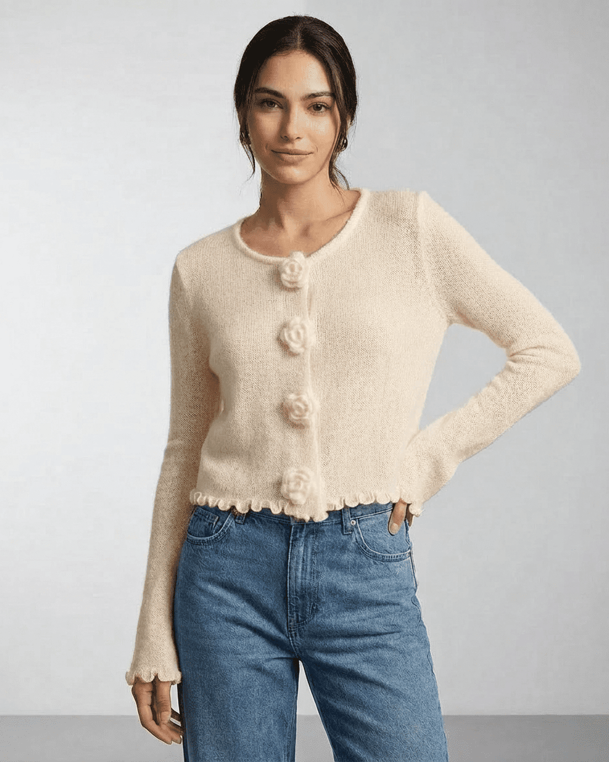 Ivory Cardigan by Slimona - Floral Button Knit Cardigan with soft knit texture and long sleeves.